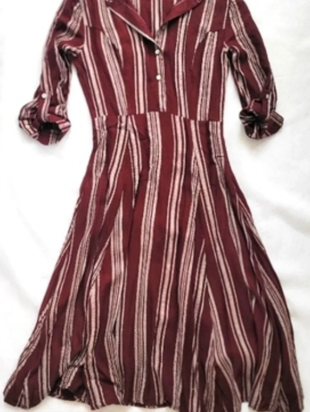 NWOT! Fall Burgundy Striped Preppy Long Sleeve Cozy Women's Shirt Midi Dress XS